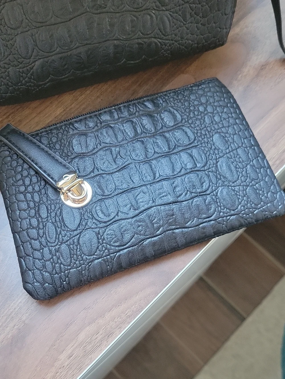 Black Croc-Embossed Cosmetic Bag Set